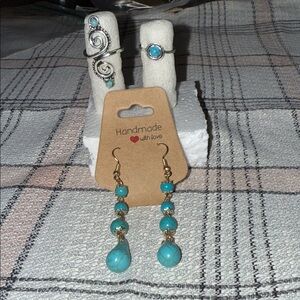 (E) Handmade Turquoise Earrings and Rings Set